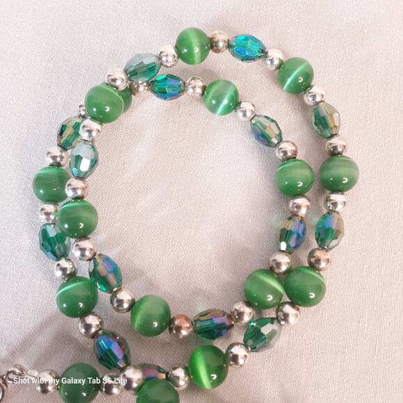 Sparkly Beaded Choker Necklace Green Tigers Eye Silver Tone Spacers With Toggle - Picture 4 of 7